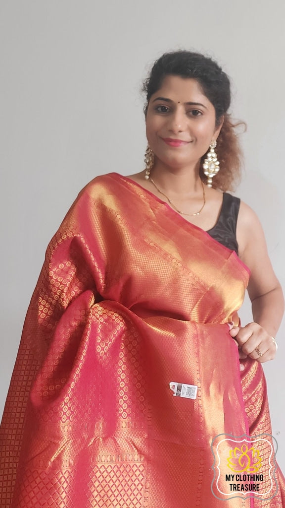 Bridal Kanjivaram Silk Saree- Gold Pink