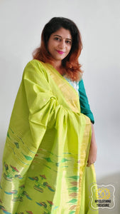 Cotton Paithani Saree With Traditional Double Pallu- Lime Green