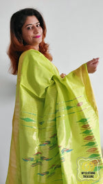 Load image into Gallery viewer, Cotton Paithani Saree With Traditional Double Pallu- Lime Green
