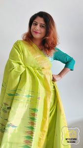 Cotton Paithani Saree With Traditional Double Pallu- Lime Green
