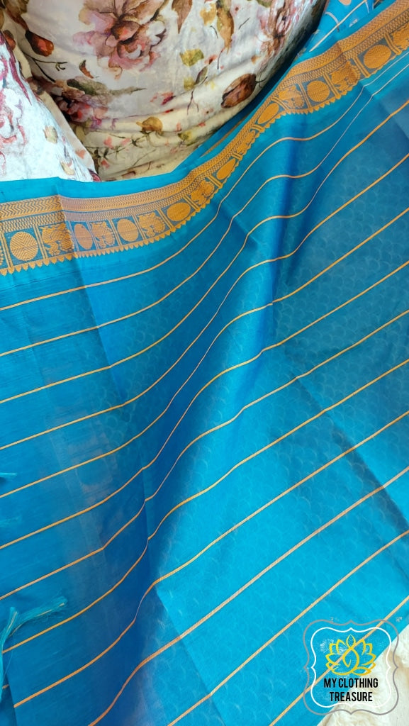 Kanjivaram Cotton Saree 1000 Buta- Cyan Blue
