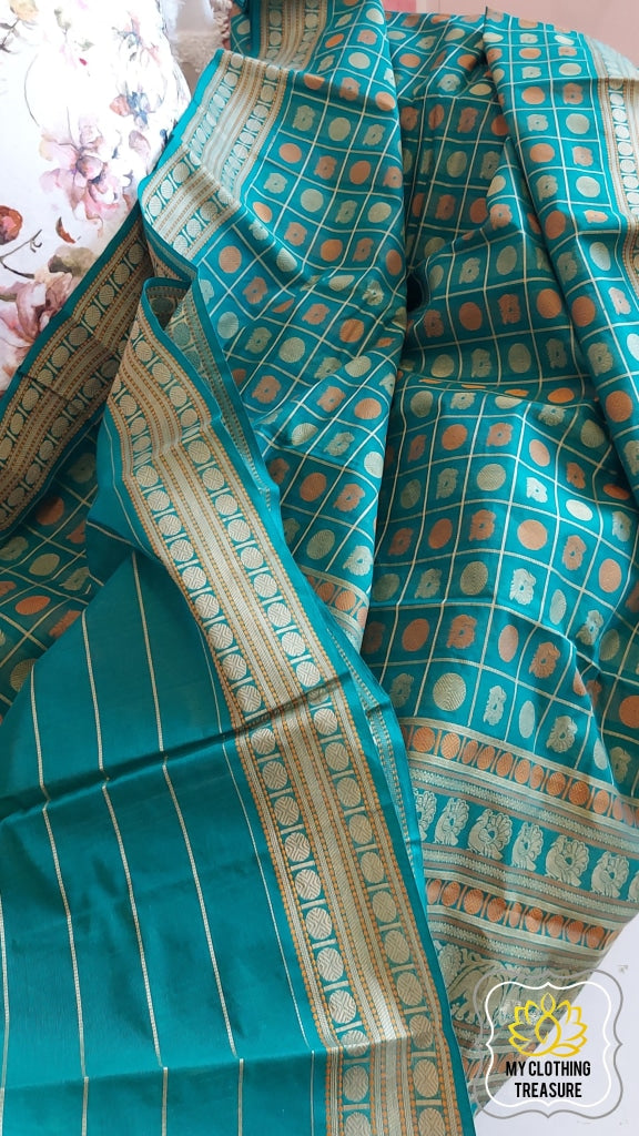 Kanjivaram Cotton Saree 1000 Buta- Turquoise