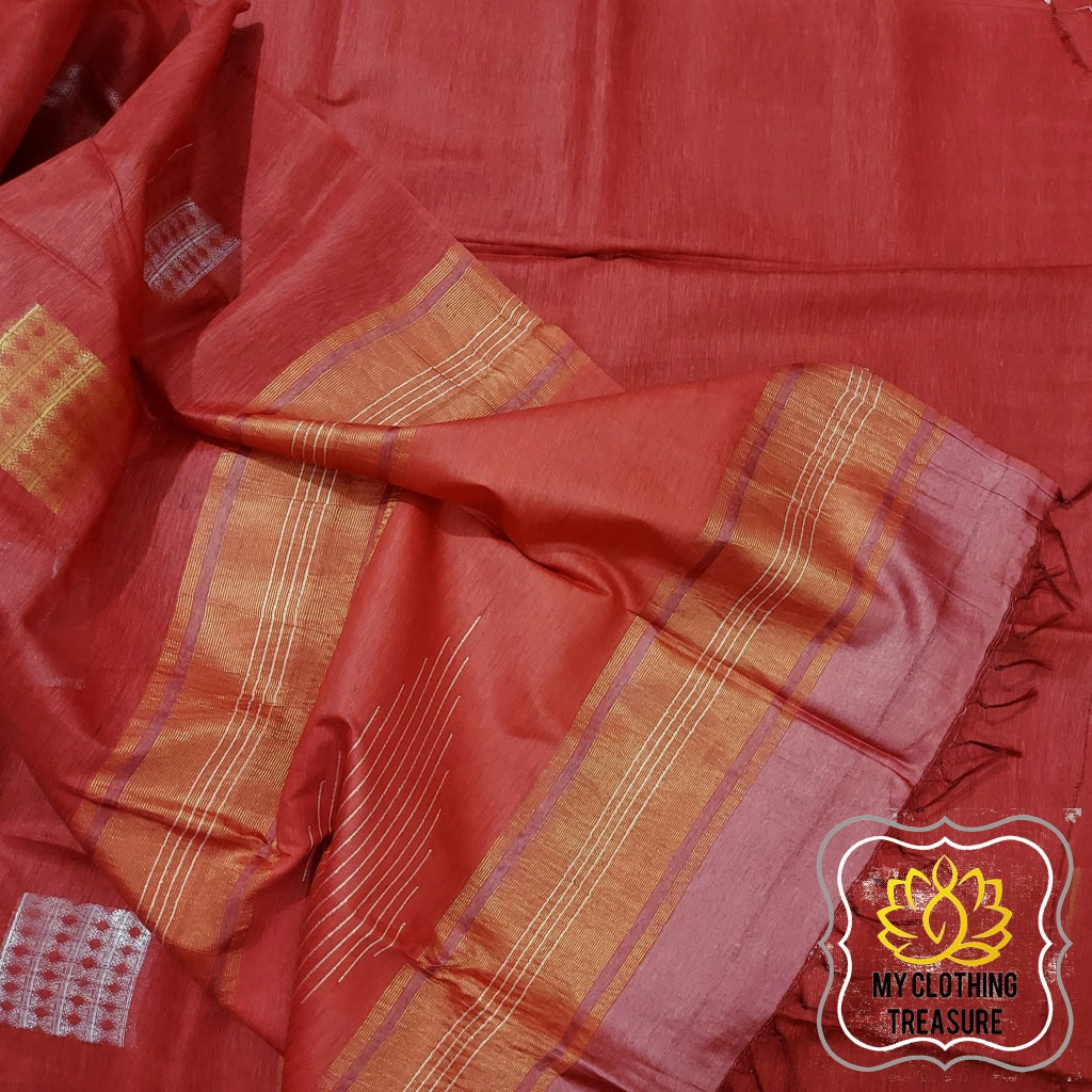 Pure Desi Tussar Silk Saree With Zari Weaving - Rusty Red