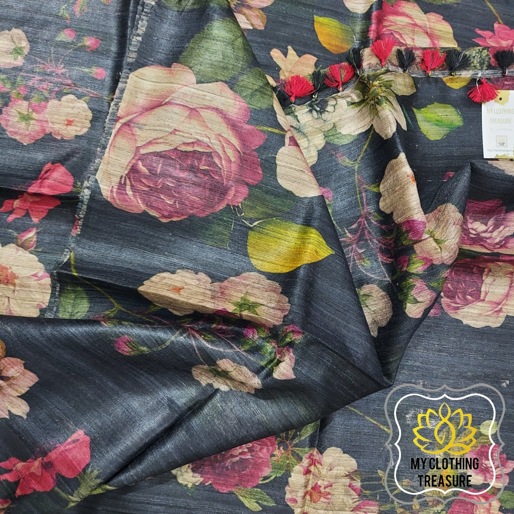 Pure Gheecha Tussar Silk Saree With Digital Floral Print - Black