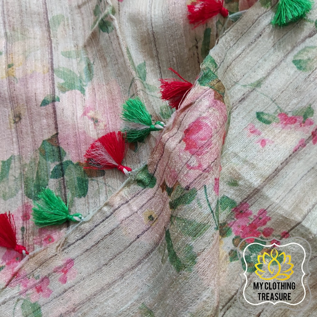 Pure Gheecha Tussar Silk Saree With Digital Floral Print - Pale Mint
