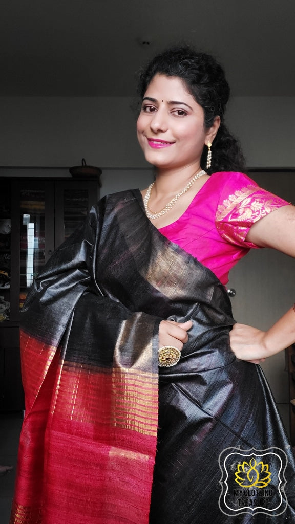 Pure Ghichha Tussar Silk With Zari Border-Black Red Saree
