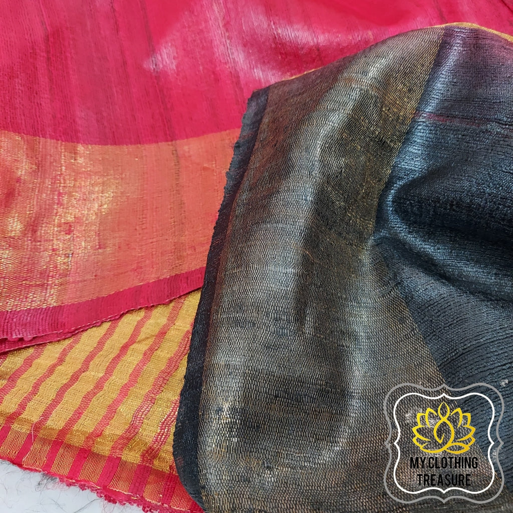 Pure Ghichha Tussar Silk With Zari Border-Black Red Saree