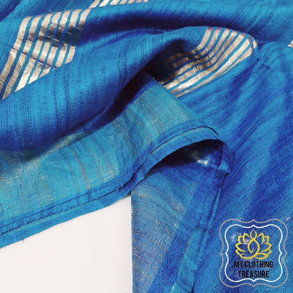Pure Ghichha Tussar Silk With Zari Border- Firozi Blue Saree