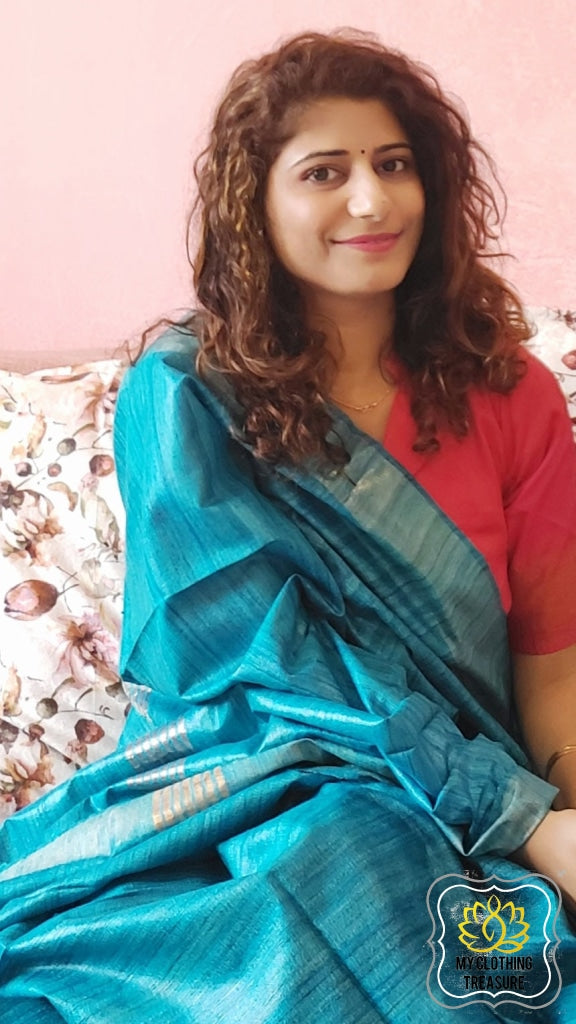 Pure Ghichha Tussar Silk With Zari Border- Firozi Blue Saree