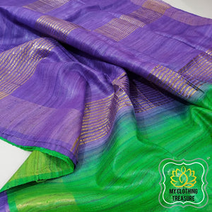 Pure Ghichha Tussar Silk With Zari Border-Green Purple Saree
