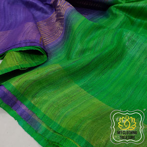 Pure Ghichha Tussar Silk With Zari Border-Green Purple Saree