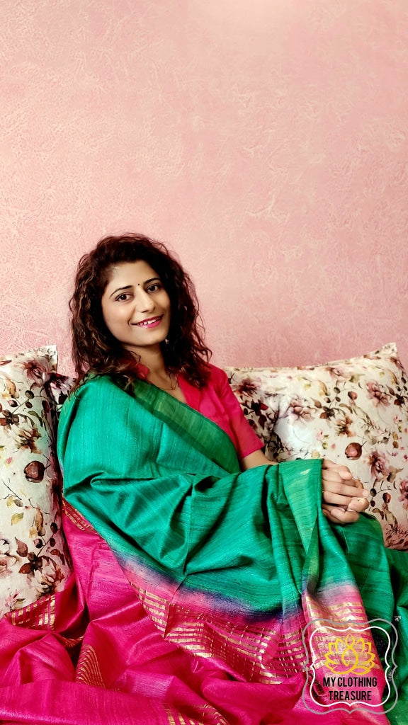 Pure Ghichha Tussar Silk With Zari Border-Green Red Saree
