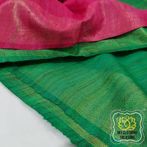 Pure Ghichha Tussar Silk With Zari Border-Green Red Saree