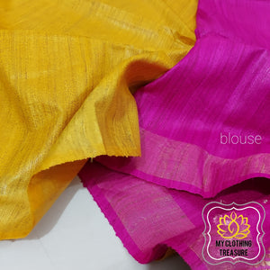 Pure Ghichha Tussar Silk With Zari Border-Mustard Pink Saree