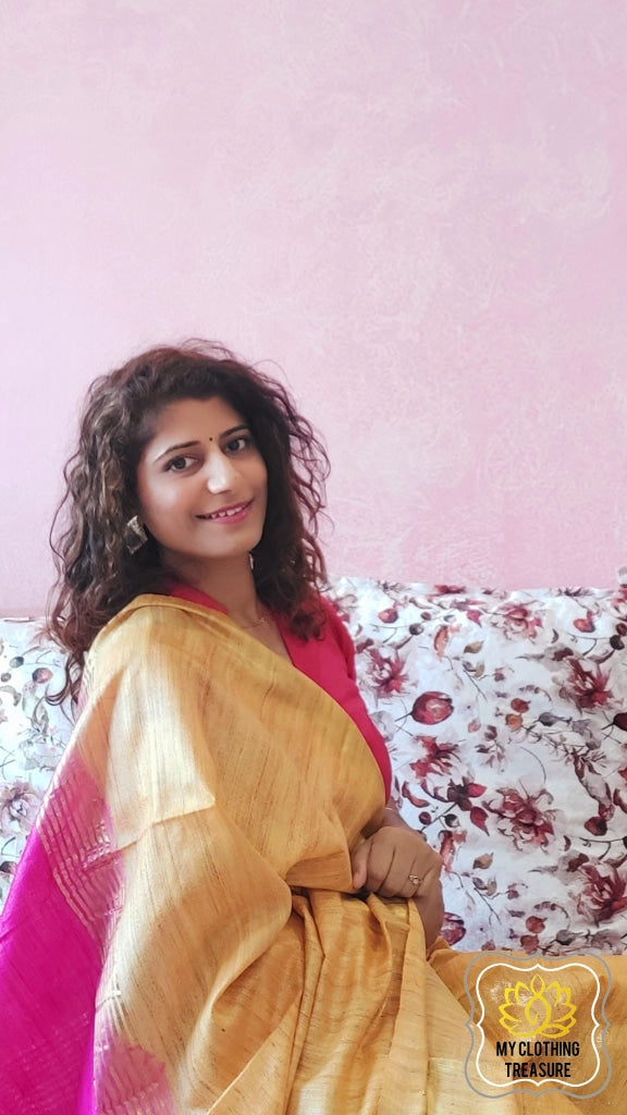 Pure Ghichha Tussar Silk With Zari Border-Mustard Pink Saree