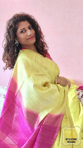 Pure Ghichha Tussar Silk With Zari Border- Neon Yellow Pink Saree
