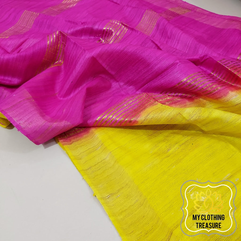 Pure Ghichha Tussar Silk With Zari Border- Neon Yellow Pink Saree