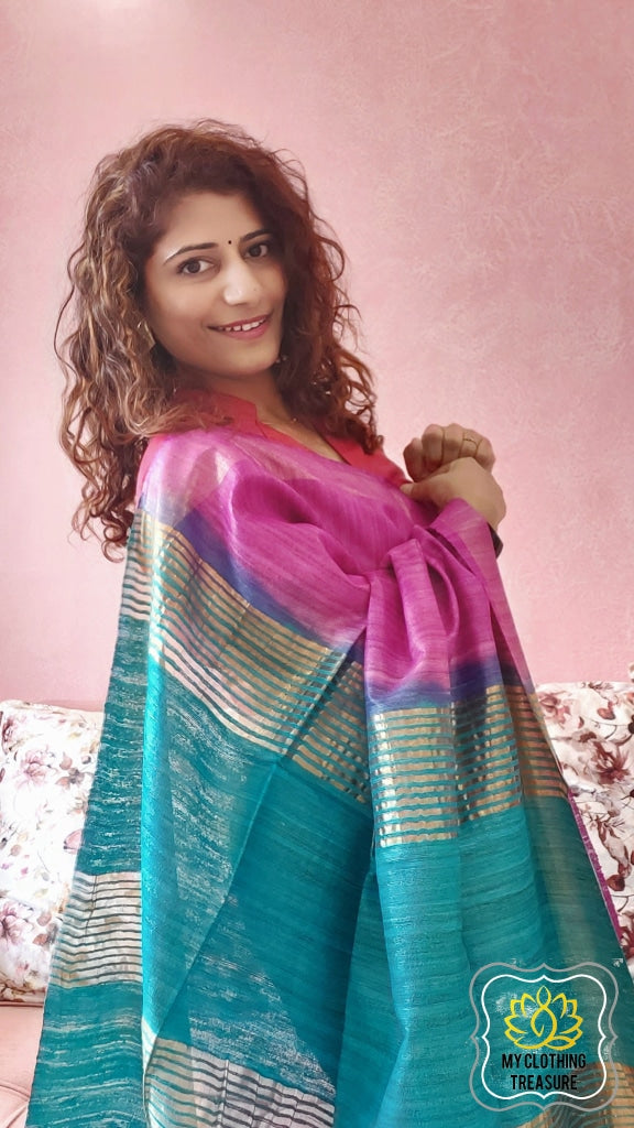 Pure Ghichha Tussar Silk With Zari Border-Purple Blue Saree