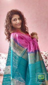 Pure Ghichha Tussar Silk With Zari Border-Purple Blue Saree