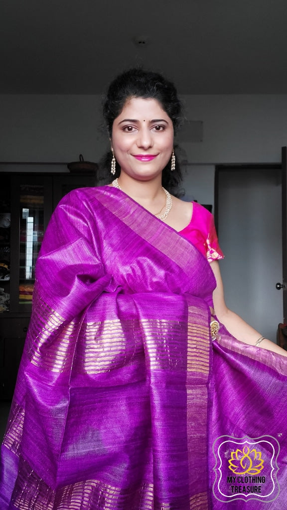 Pure Ghichha Tussar Silk With Zari Border- Purple Saree