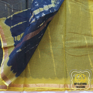 Pure Kota Cotton Hand Tie And Dye Shibori Saree- Black-Lime Yellow Saree