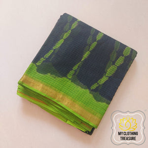 Pure Kota Cotton Hand Tie And Dye Shibori Saree- Charcoal-Green Saree