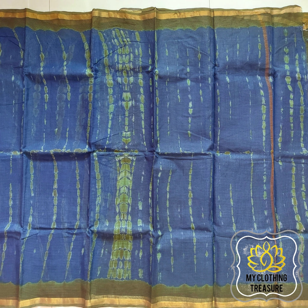 Pure Kota Cotton Hand Tie And Dye Shibori Saree- Navy Blue-Olive Saree