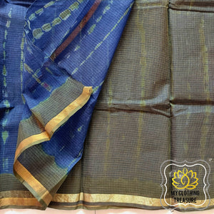 Pure Kota Cotton Hand Tie And Dye Shibori Saree- Navy Blue-Olive Saree