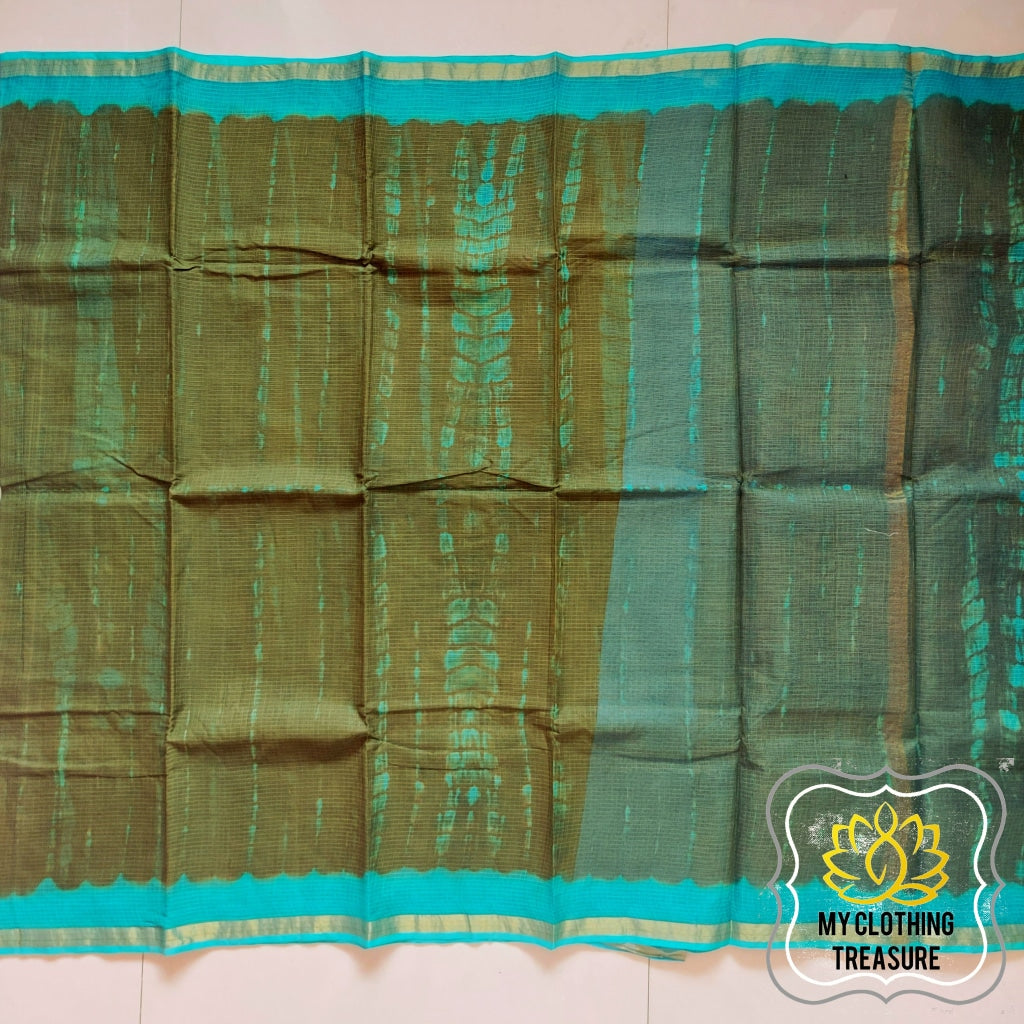 Pure Kota Cotton Hand Tie And Dye Shibori Saree- Olive-Turquoise Saree