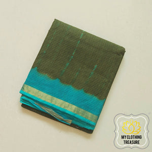 Pure Kota Cotton Hand Tie And Dye Shibori Saree- Olive-Turquoise Saree