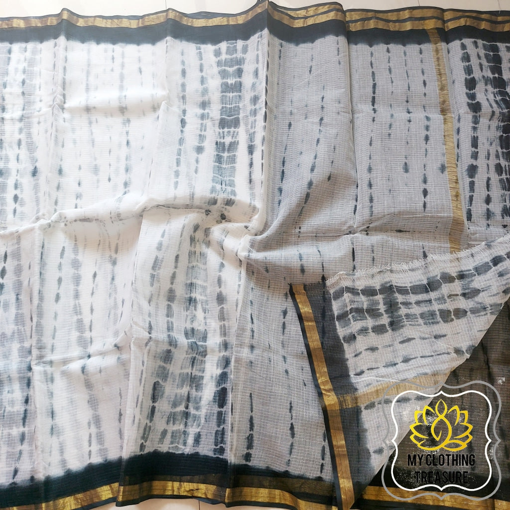 Pure Kota Cotton Hand Tie And Dye Shibori Saree- White-Black Saree