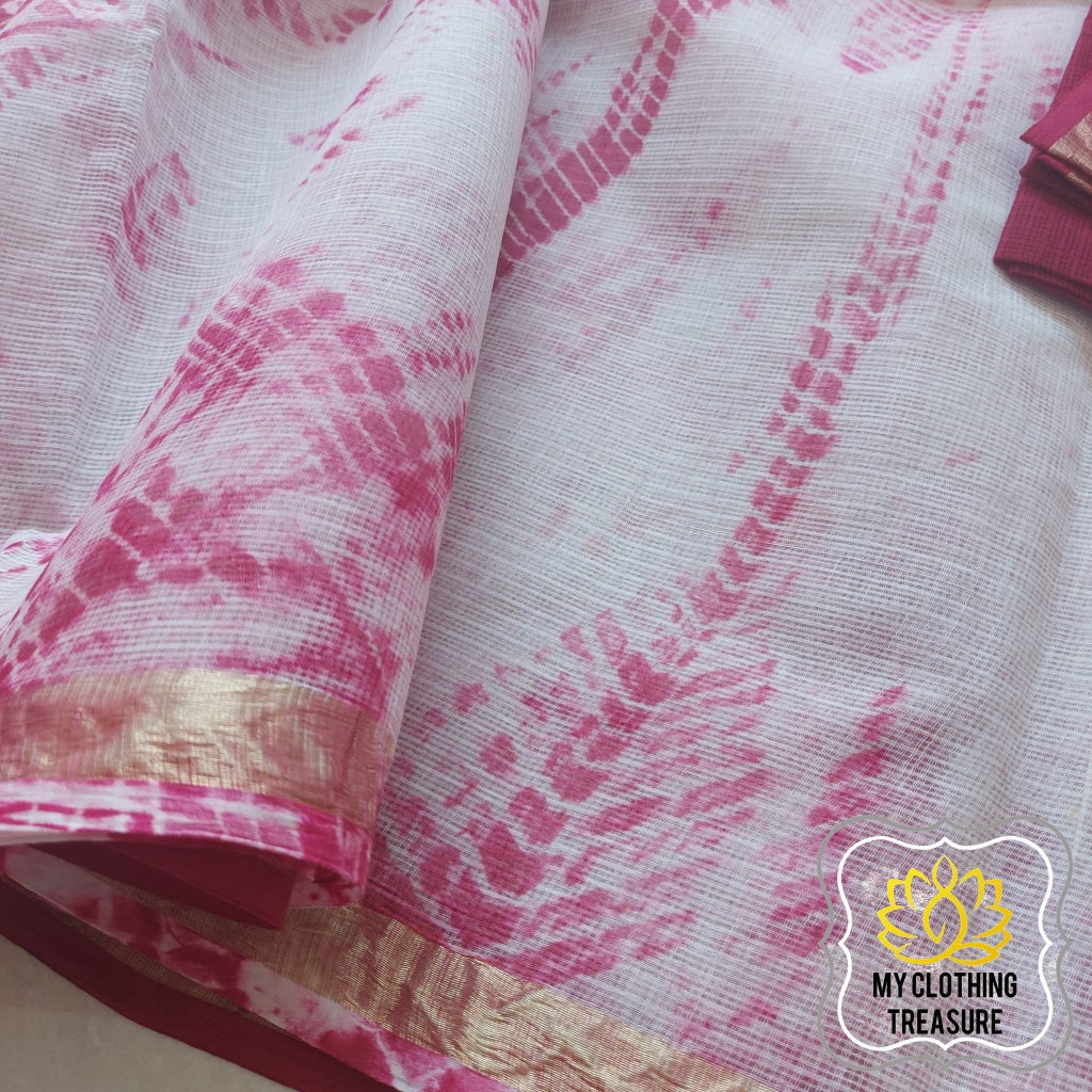 Pure Kota Cotton Hand Tie And Dye Shibori Saree- White-Wine Saree