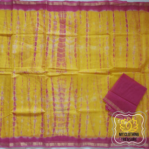 Pure Kota Cotton Hand Tie And Dye Shibori Saree- Yellow-Pink Saree