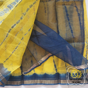 Pure Kota Cotton Hand Tie And Dye Shibori Saree- Yellow-Teal Saree