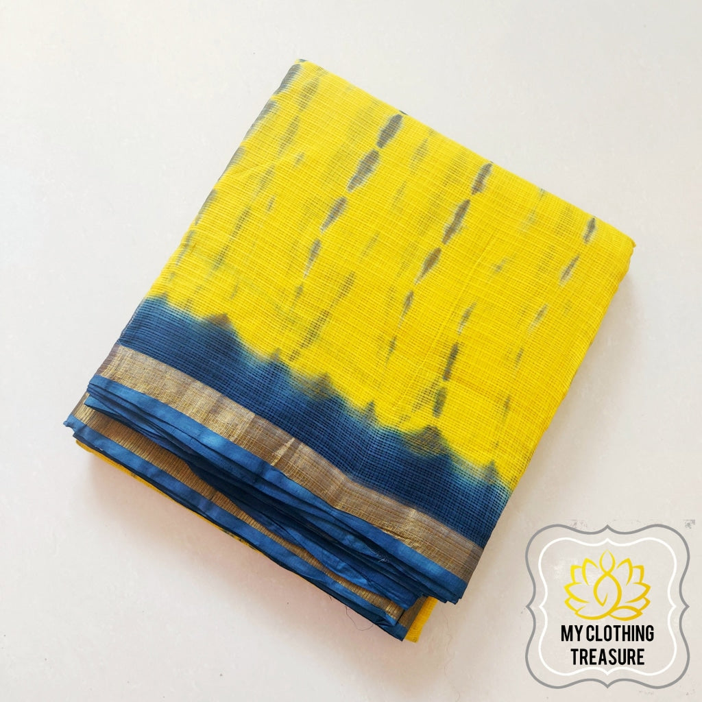 Pure Kota Cotton Hand Tie And Dye Shibori Saree- Yellow-Teal Saree
