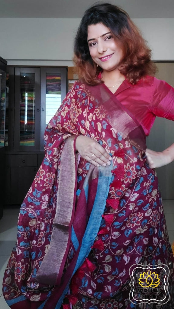 Pure Linen Kalamkari Saree In Maroon
