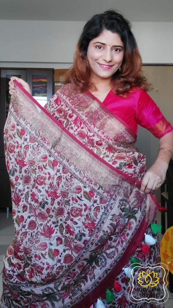 Pure Linen Kalamkari Saree In Soft Beige