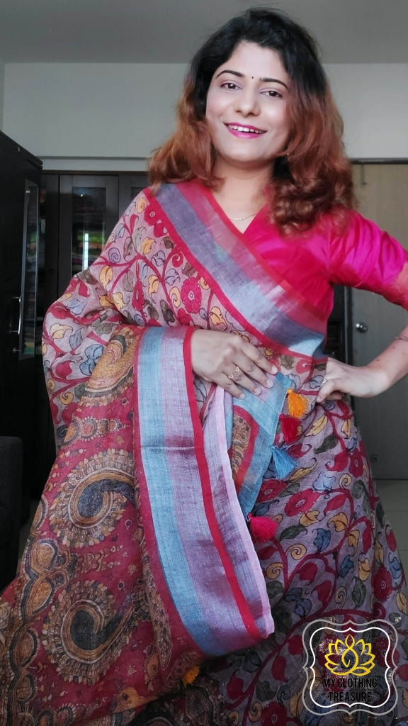 Pure Linen Kalamkari Saree In Soft Brown