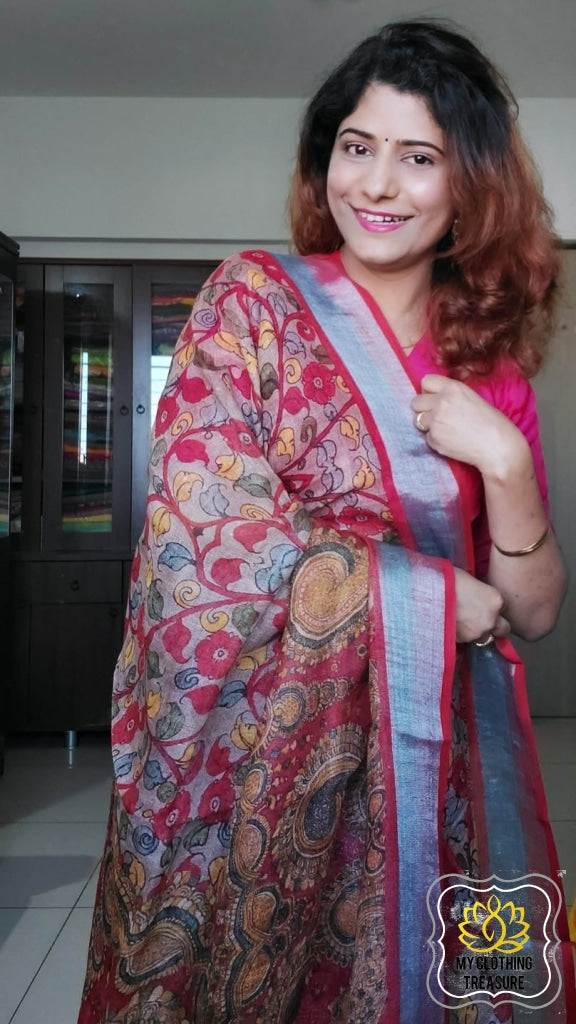 Pure Linen Kalamkari Saree In Soft Brown