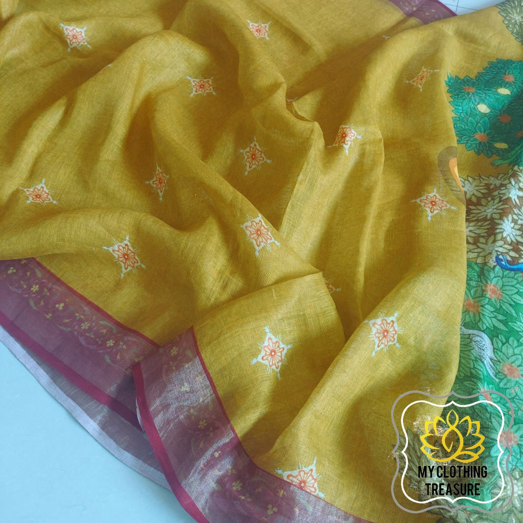 Pure Linen Saree With Digital Print- Lime Yellow