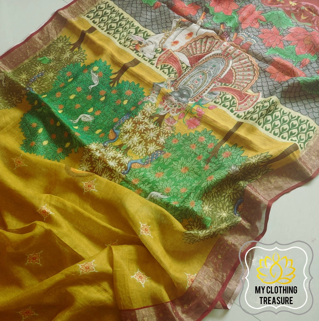 Pure Linen Saree With Digital Print- Lime Yellow