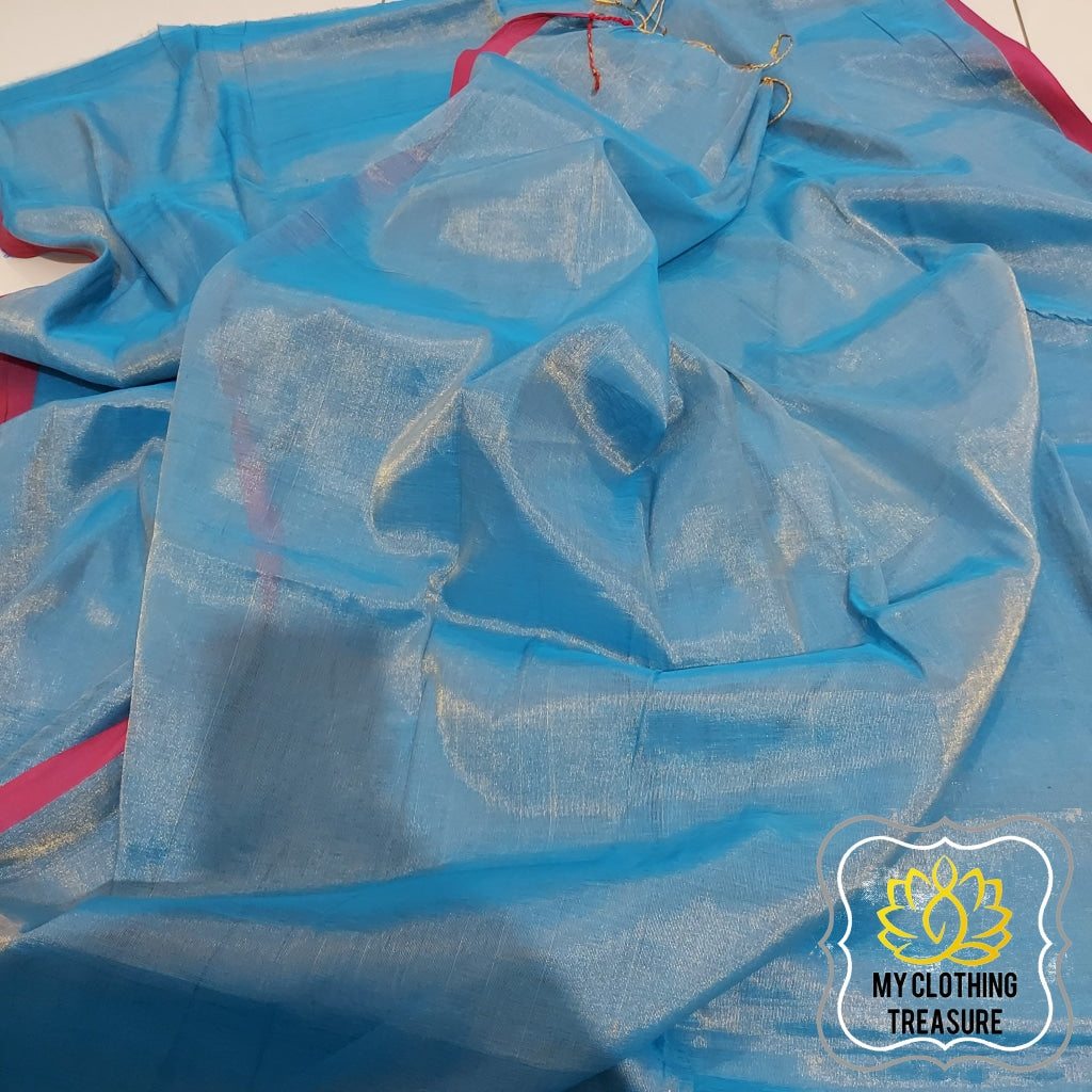 Pure Tissue Mulmul Handwoven Saree - Blue