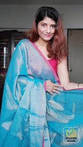 Pure Tissue Mulmul Handwoven Saree - Blue