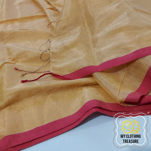Pure Tissue Mulmul Handwoven Saree - Yellow Red