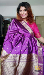 Load image into Gallery viewer, Purple Banarasi With Gold Zari Work Saree
