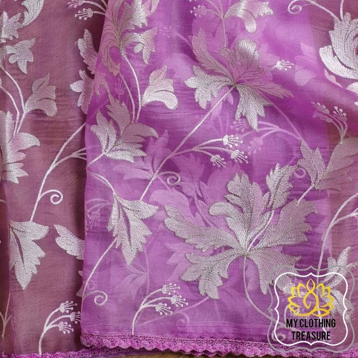 Velvet Leaves On Organza- Lavender Saree