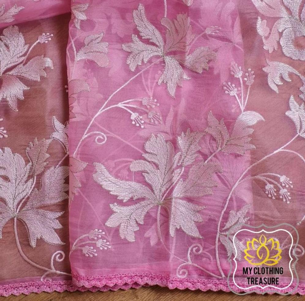 Velvet Leaves On Organza- Pink Saree