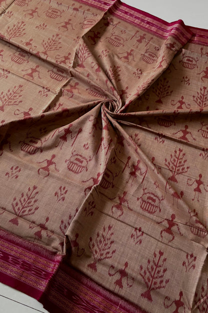Odisha Ikkat Khandua Cotton Saree- Dark Beige