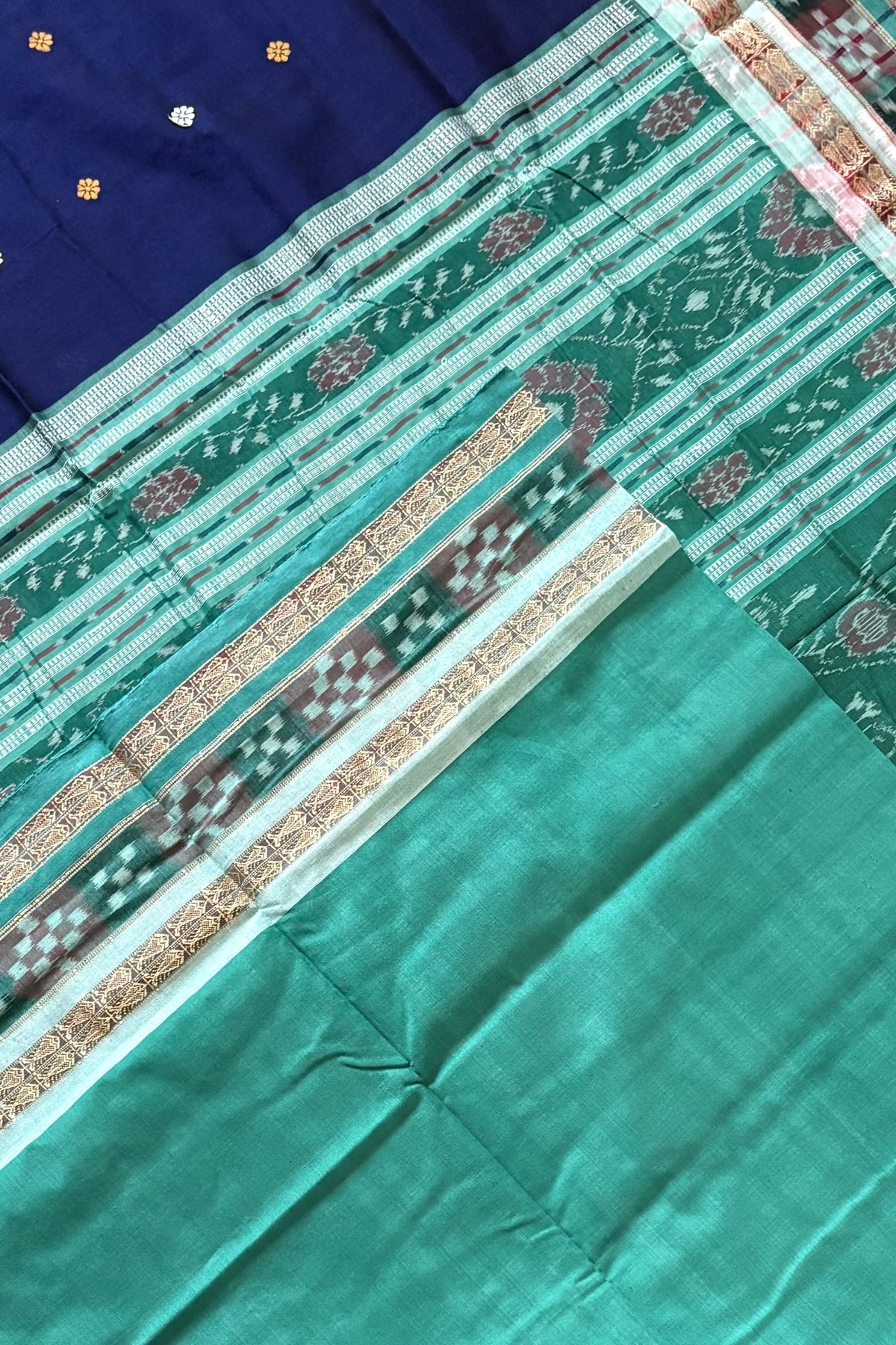 Sambalpuri Pure Cotton Saree - Navy & Sea Green