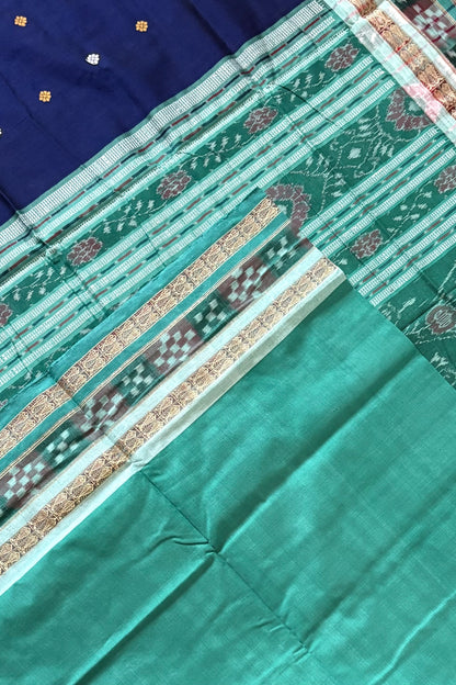 Sambalpuri Pure Cotton Saree - Navy & Sea Green